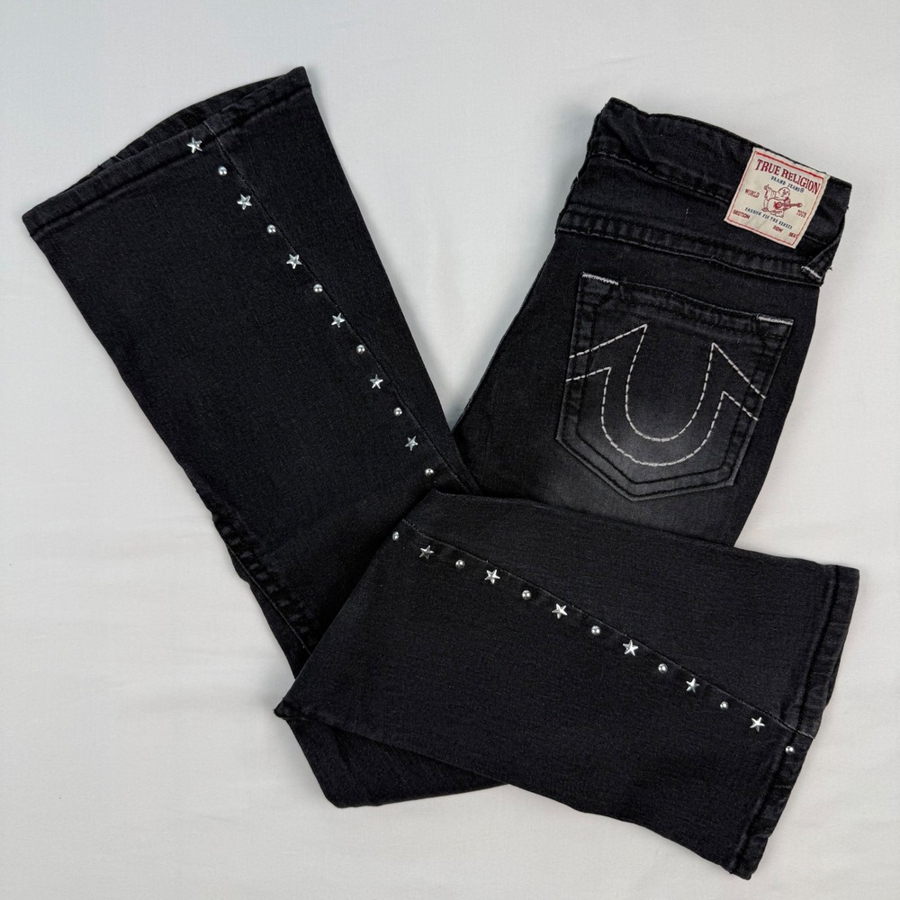 True Religion Girls Joey High Rise Flare Studded Star Black Jeans Size 12 NWT